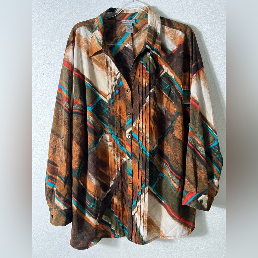 Catherines Art-to-Wear Western Long Roll Tab Sleeve Button Up Blouse 1X 18/20W‎